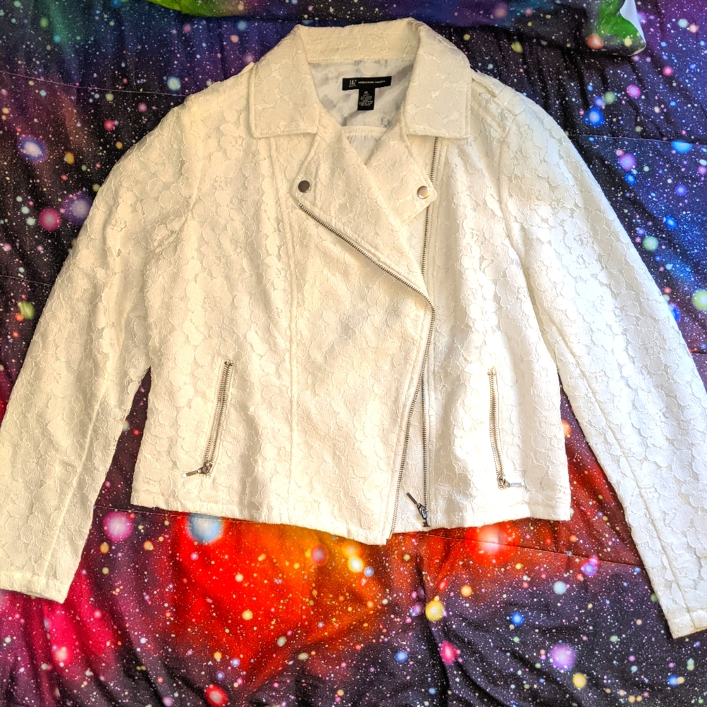 INC White Lace Diagonal Zip Up Dressy Jacket XL
